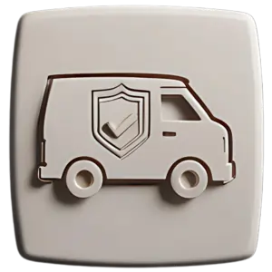Minimal 3D icon of a van with a shield and checkmark representing mobile same‑day window tint service and warranty.