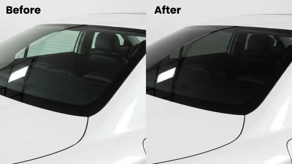 Side-by-side before and after comparison of a white car with window tinting, showing improved privacy, sleek style, and sun protection in Calgary.