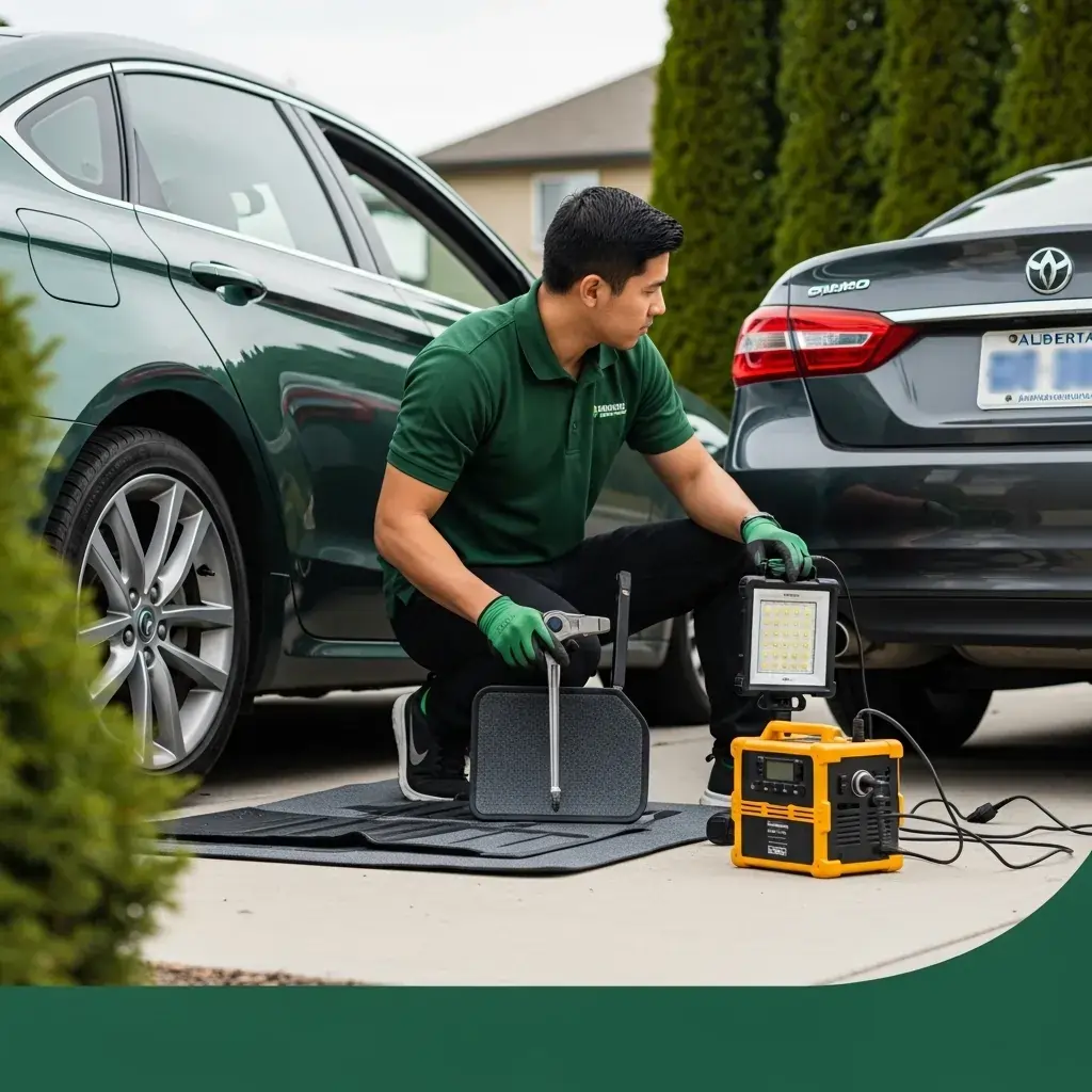 Professional mobile technician preparing tools for same‑day car window tint installation in Calgary.