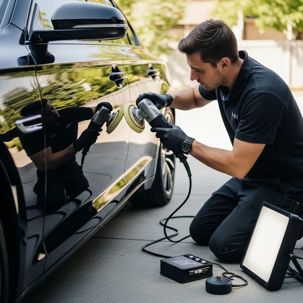 Detailing professional performing paint correction on a black car in Calgary using a polishing machine to eliminate swirl marks and restore gloss.