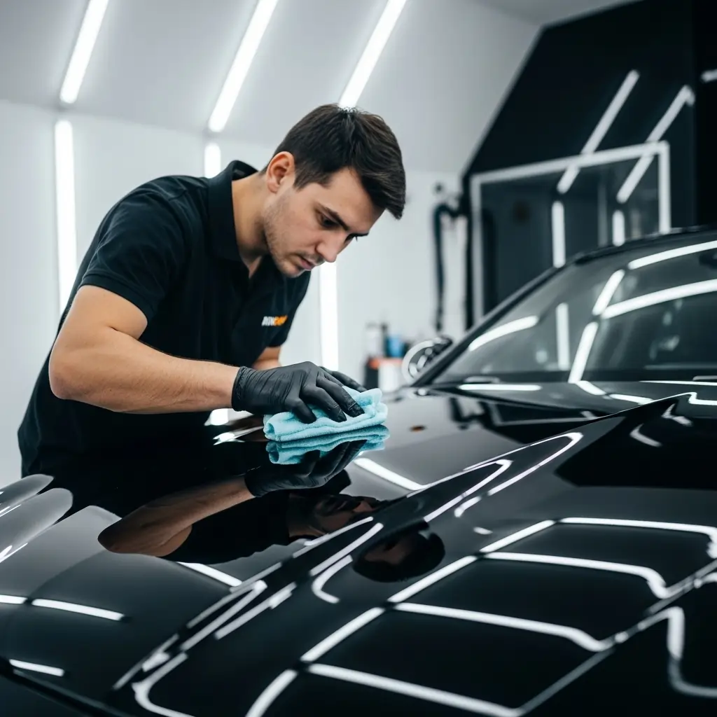 Technician applying ceramic coating on a black car hood in Calgary for long-lasting shine and paint protection.