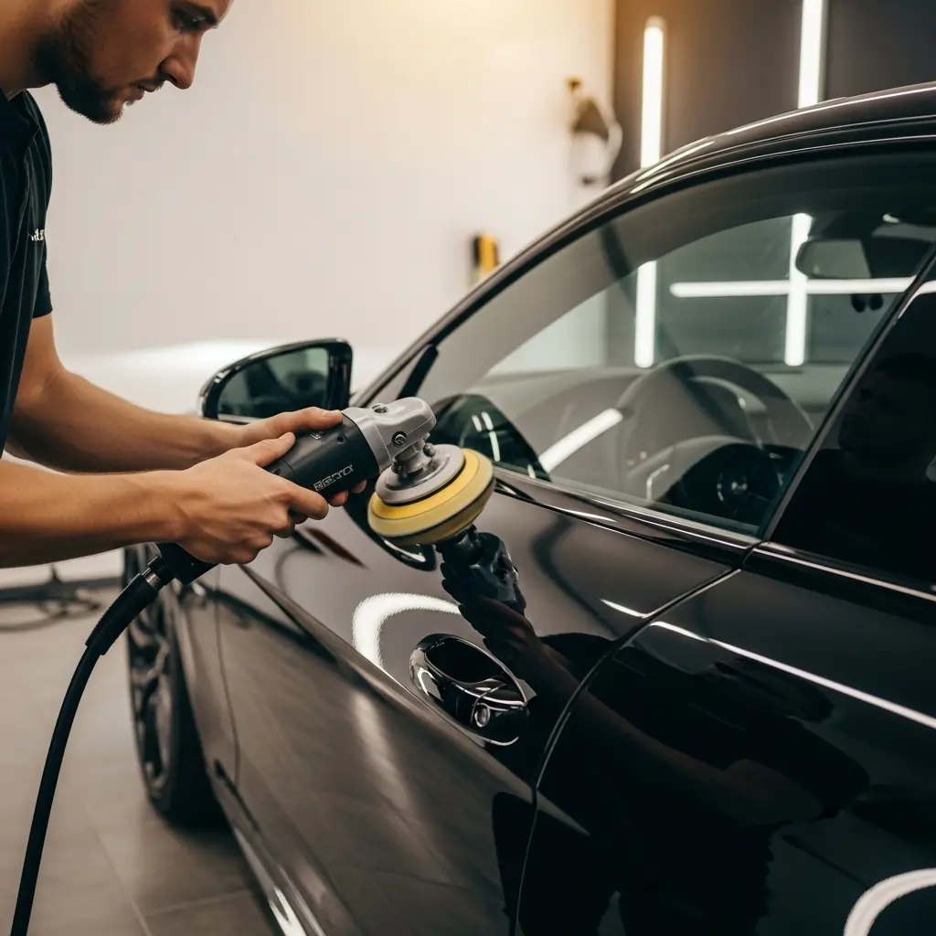 Detailing expert performing paint correction on a black car in Calgary with a dual-action polishing machine to restore paint clarity and shine.