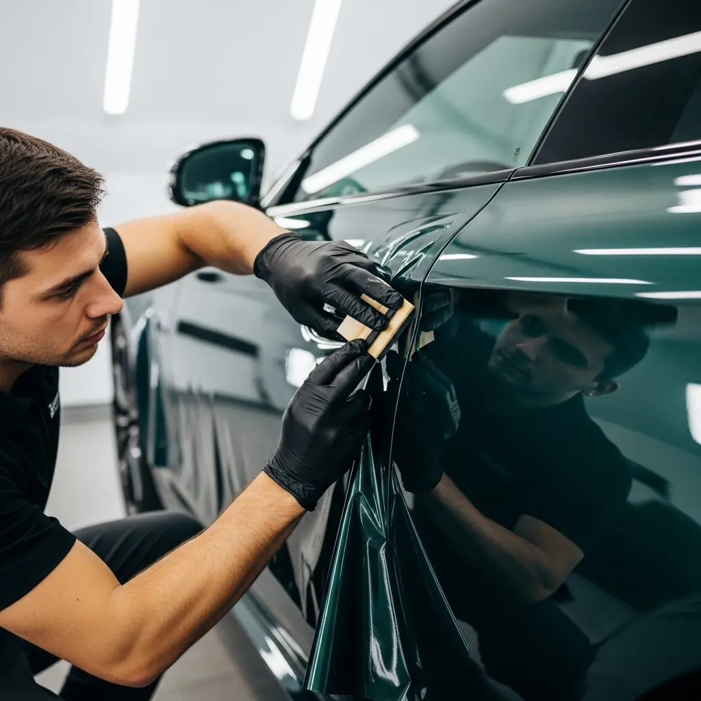 Close-up of professional applying vinyl wrap film on green luxury car door in Calgary auto shop, precision car wrapping service.