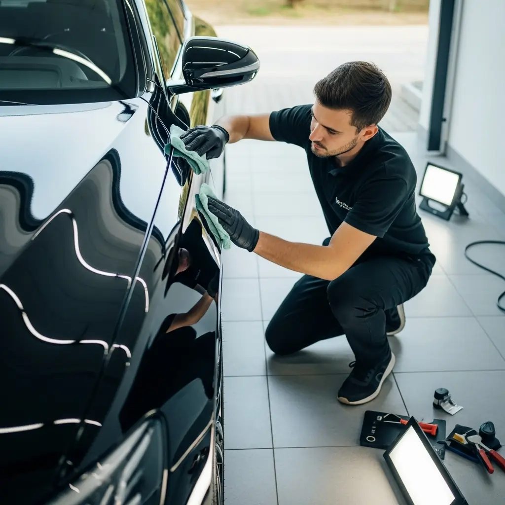 Auto detailing expert applying ceramic coating on a black car in Calgary to enhance gloss and protect paint.