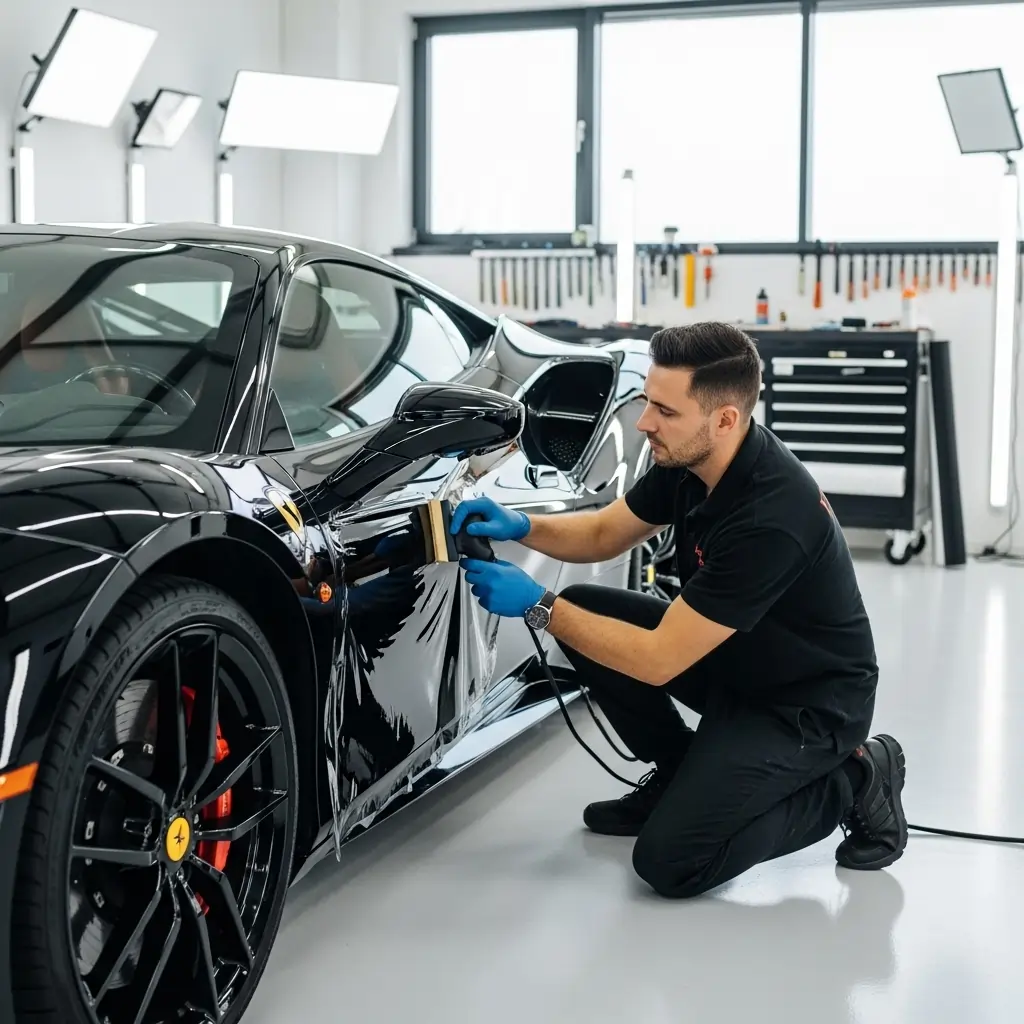 Professional installer applying black vinyl wrap on luxury Ferrari sports car in Calgary auto shop, premium vehicle wrapping service.