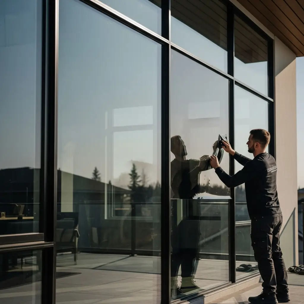 Technician applying residential window tint to large home windows in Calgary for improved privacy, UV protection, and energy efficiency.
