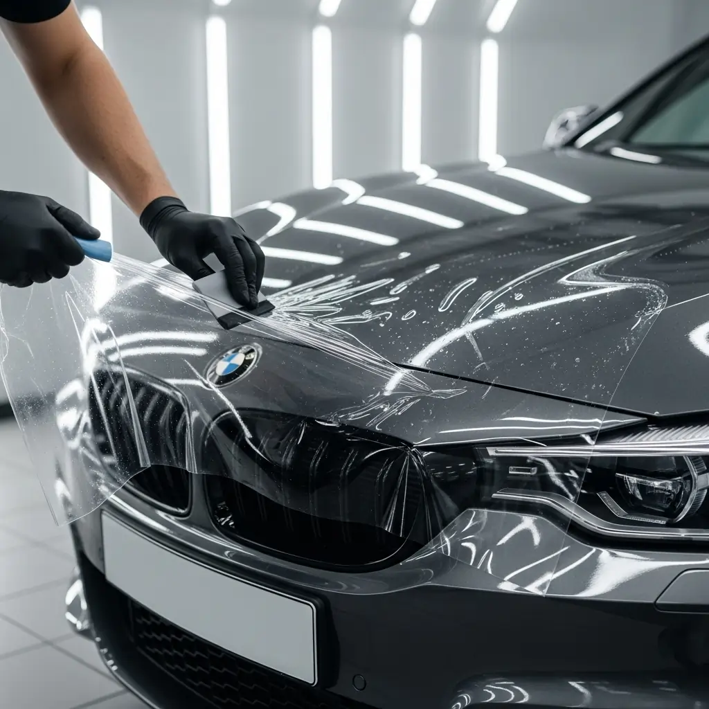 Detailing professional applying paint protection film (PPF) to the hood of a BMW in Calgary for scratch resistance and long-lasting shine.